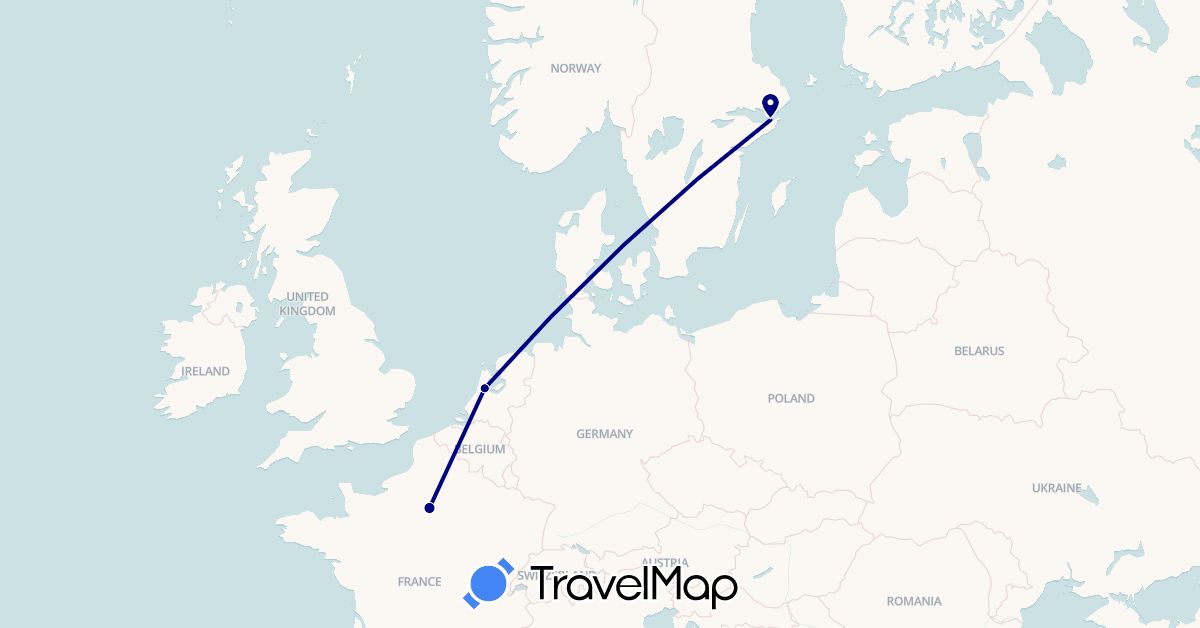 TravelMap itinerary: driving in France, Netherlands, Sweden (Europe)